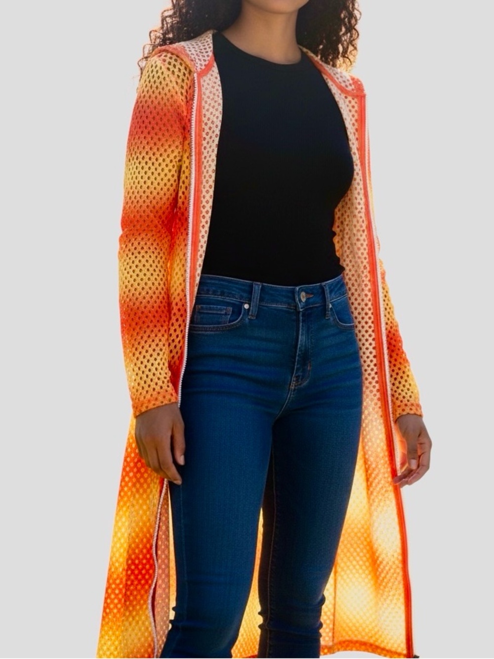 AKIRA Orange & Yellow Open Mesh Swim Coverup Long Maxi Dress w Hood Hooded Robe